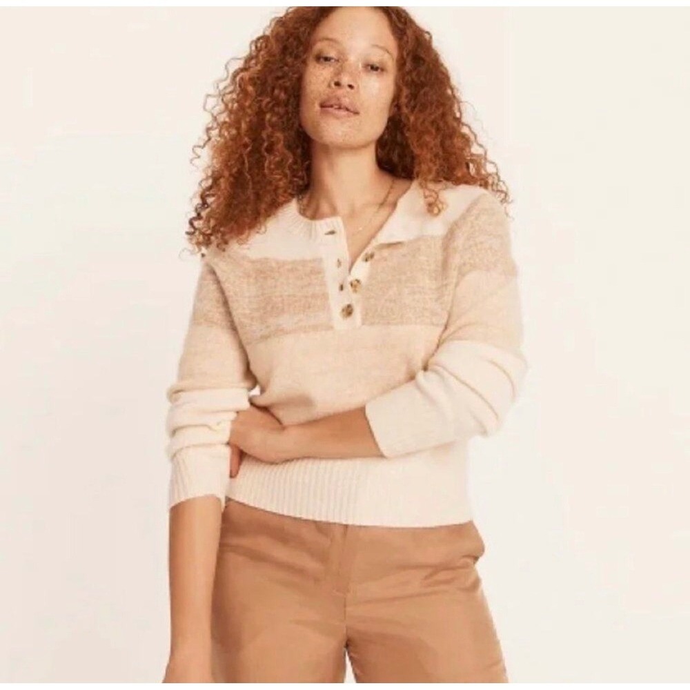 J.Crew 100% Cashmere marled sweater in stripe Henley Tan Cream Suze Sm